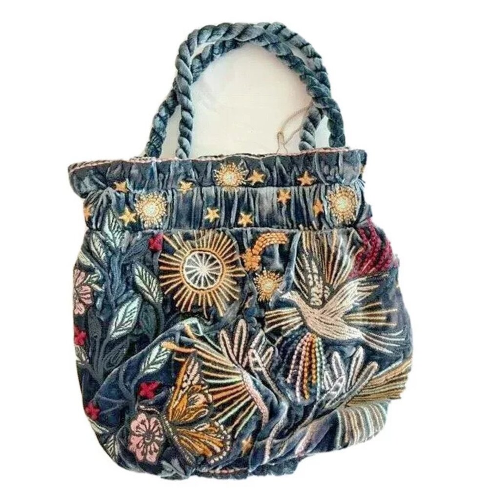 Johnny Was Jasper Selah Pouch Bag Velvet Handbag Floral Embroidery Grey Purse NW